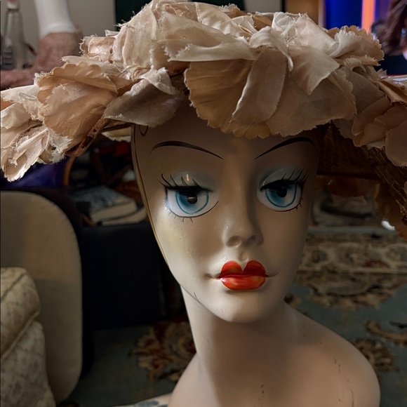 Vintage floral large brimTan Hat with trim (see pictures)